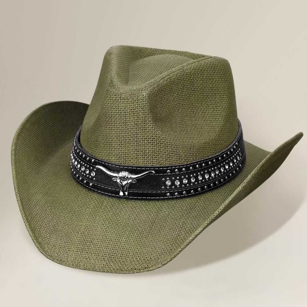 Green Steer Head Accent Studded Faux Leather Band Western Straw Cowboy Hat